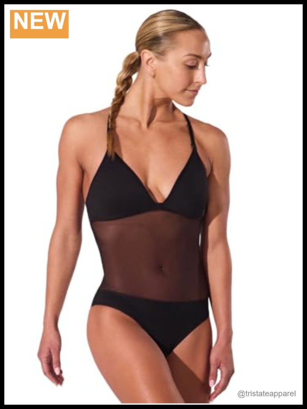 Padded Plunge Dance Bra Opaque Mesh Midriff Pull-On T-Back